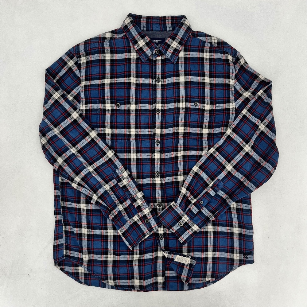 American Eagle Outfitters Mens Size L Button‎ Up Shirt Blue Plaid Athletic Fit